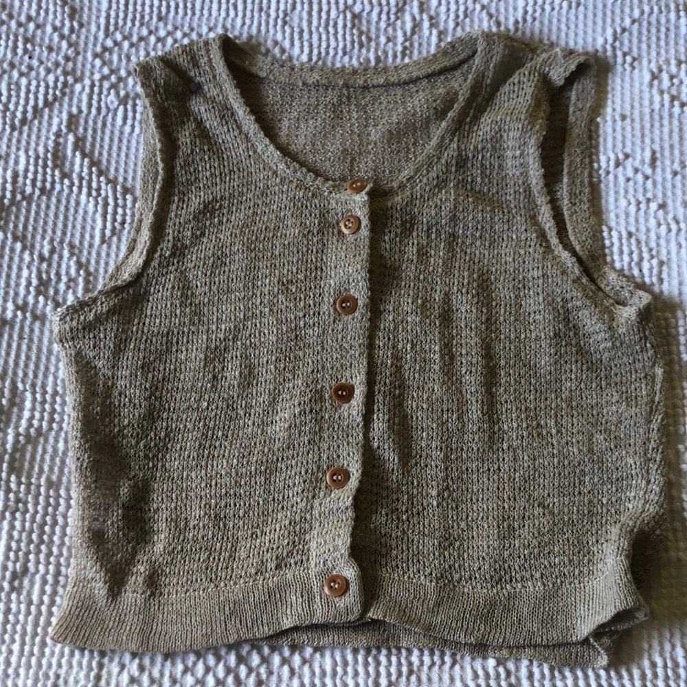 Small, button down vest. Crocheted in flax & hemp. Natural, boho, lightweight.
